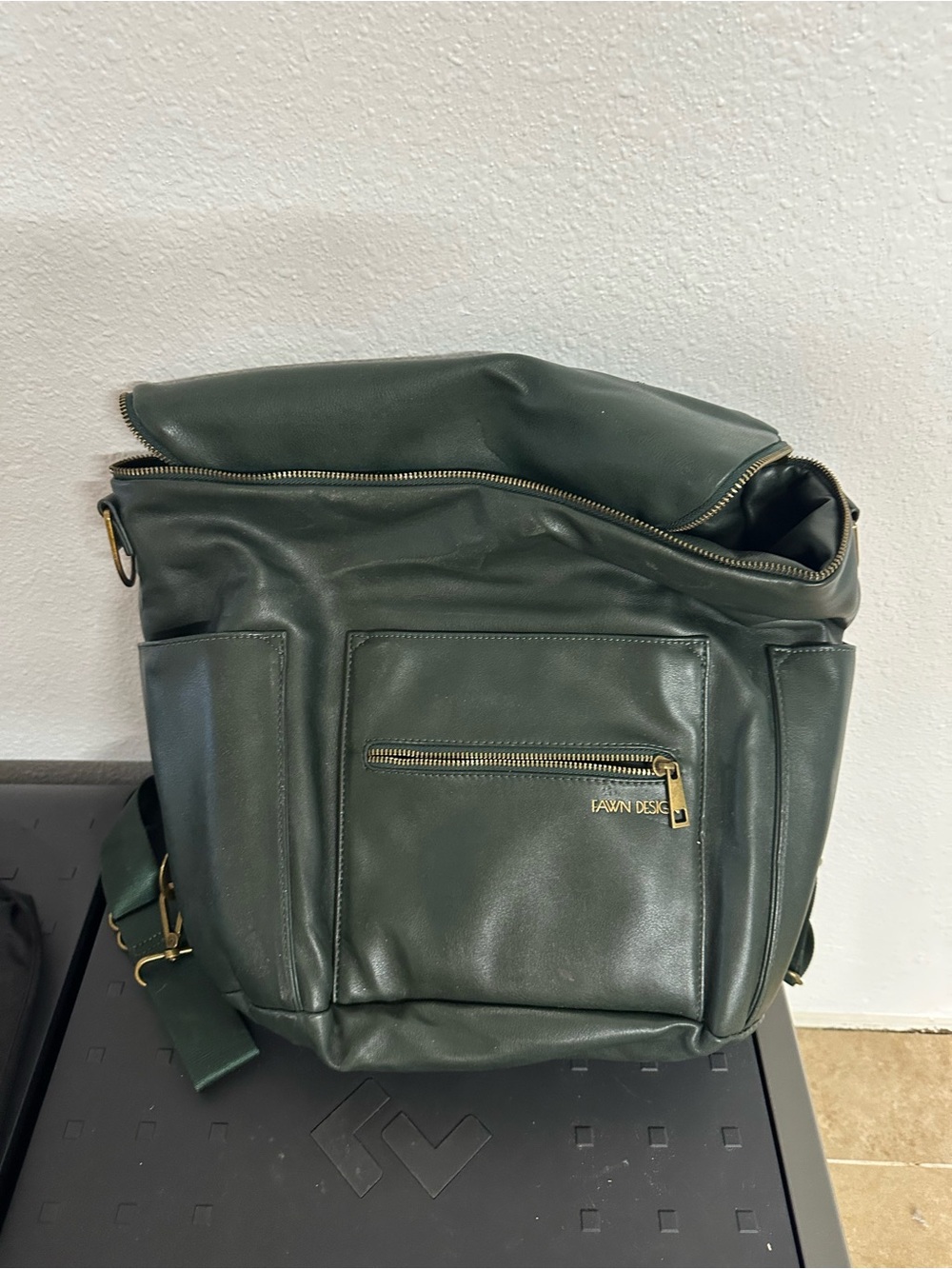 Fawn Design Dark Green Leather Messenger Bag with Gold Hardware